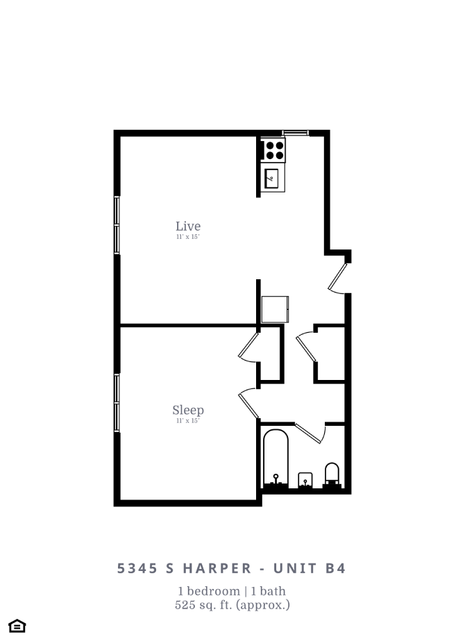 Floor plan for 1 bed, 1 bath, 525 sqft